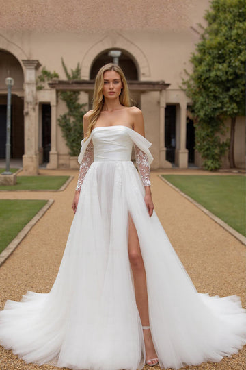 Off The Shoulder Ivory A-Line Tulle Long Sleeve Wedding Dress With Slit